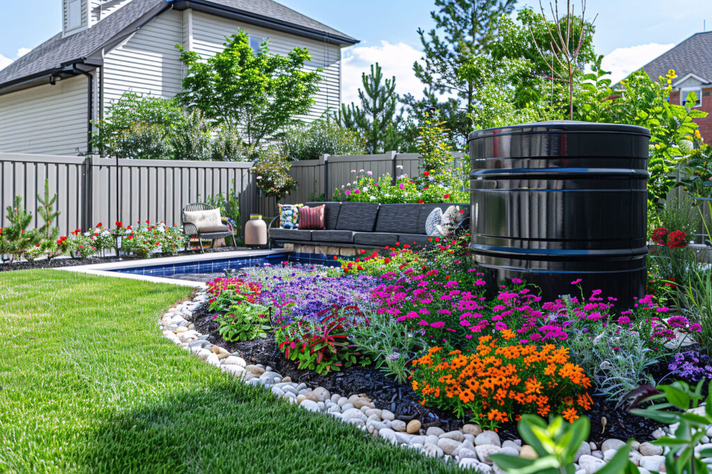 Backyard landscaping and outdoor living design in a residential yard with lawn, flower beds, and patio seating (Spokane Valley area)