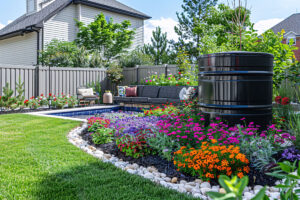 Backyard landscaping and outdoor living design in a residential yard with lawn, flower beds, and patio seating (Spokane Valley area)